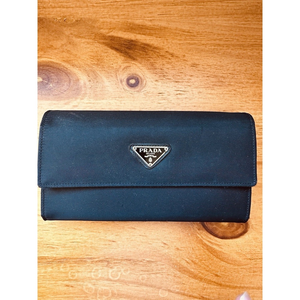 PRADA TESSUTO Wallet M608 Logo Plate Black Nylon Tri-fold Wallet Purse Authentic